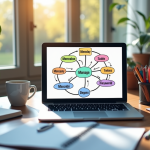 Espace de travail créatif avec ordinateur et carte mentale