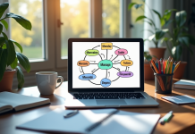 Espace de travail créatif avec ordinateur et carte mentale