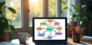 Espace de travail créatif avec ordinateur et carte mentale