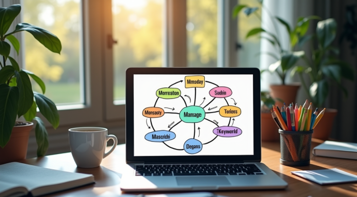 Espace de travail créatif avec ordinateur et carte mentale