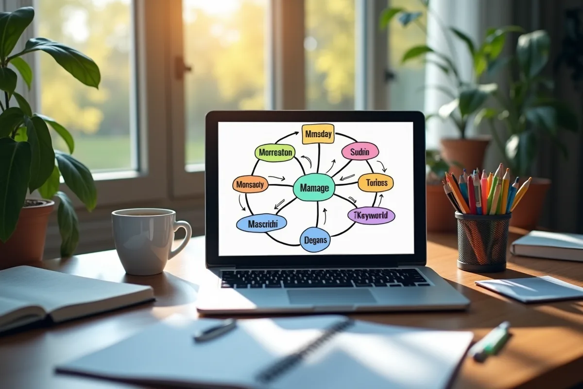 Espace de travail créatif avec ordinateur et carte mentale