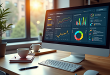 Espace de travail moderne avec écran affichant analytics SEO