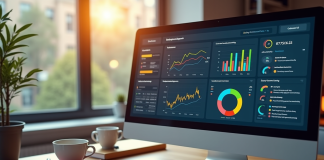 Espace de travail moderne avec écran affichant analytics SEO