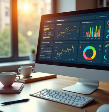 Espace de travail moderne avec écran affichant analytics SEO