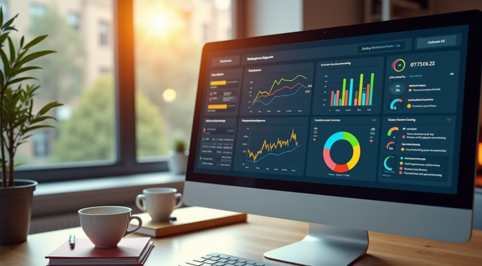Espace de travail moderne avec écran affichant analytics SEO