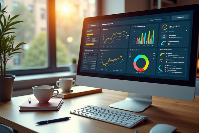 Espace de travail moderne avec écran affichant analytics SEO