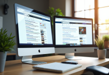 Espace de travail moderne avec écran montrant résultats organiques et annonces