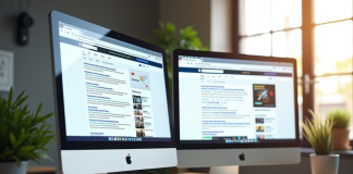 Espace de travail moderne avec écran montrant résultats organiques et annonces