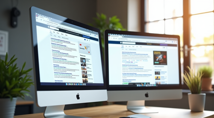 Espace de travail moderne avec écran montrant résultats organiques et annonces