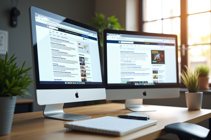espace-travail-ordinateur-seo Espace de travail moderne avec écran montrant résultats organiques et annonces