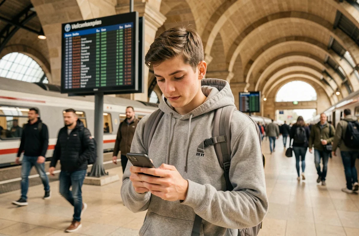 Étudiant consultant sa messagerie Mel sur smartphone dans une gare de Rennes