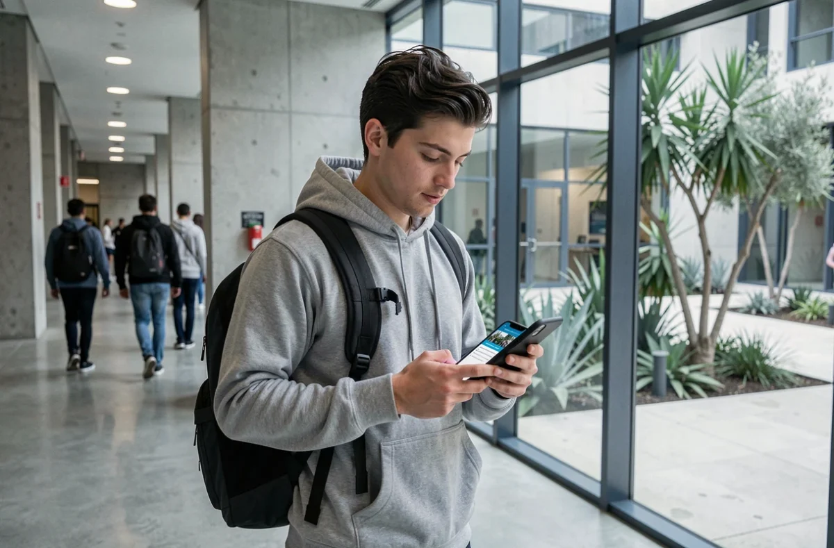Étudiant consultant le site de l'université de Montpellier sur son smartphone dans un couloir du campus