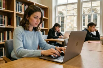 Étudiante consultant l'ENT de l'université de Montpellier sur son ordinateur portable dans une bibliothèque universitaire
