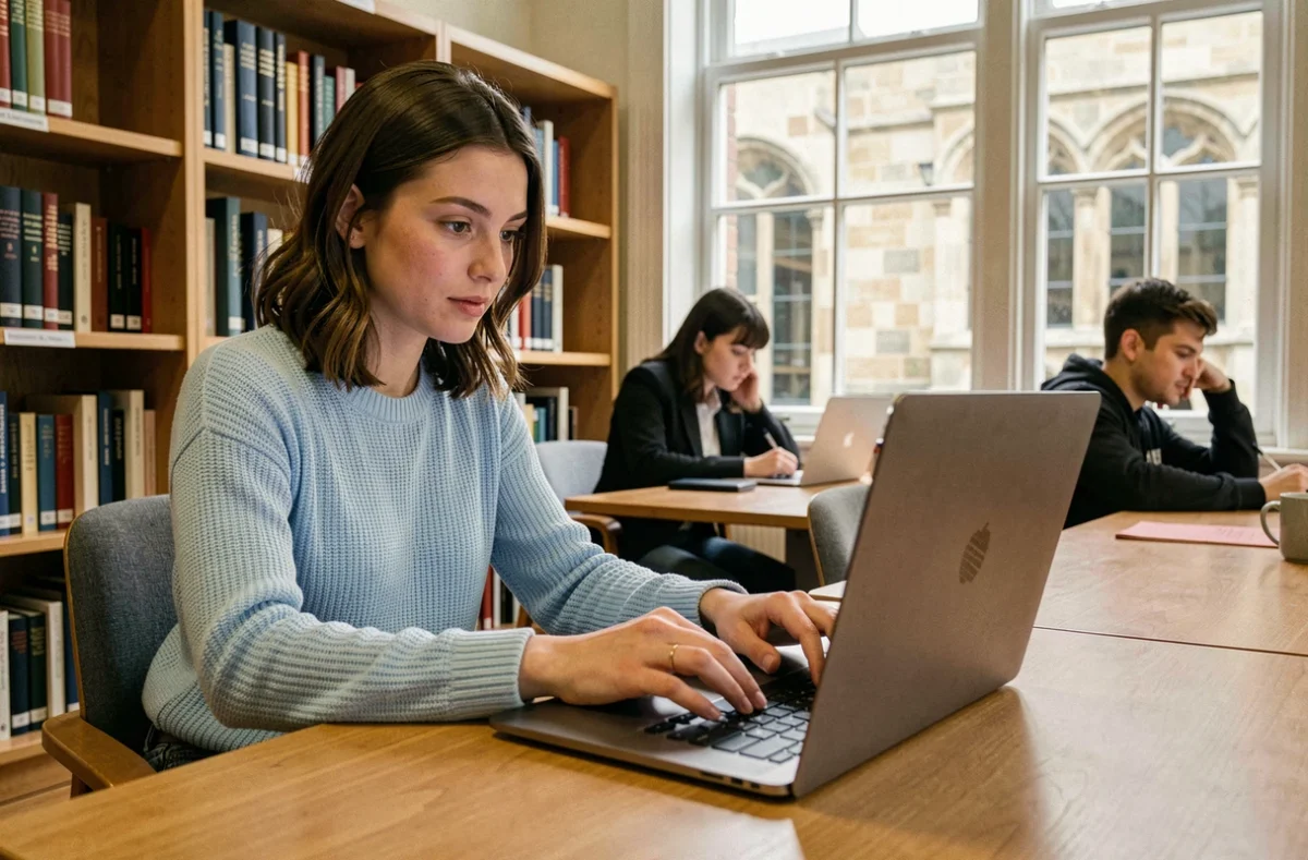 Étudiante consultant l'ENT de l'université de Montpellier sur son ordinateur portable dans une bibliothèque universitaire