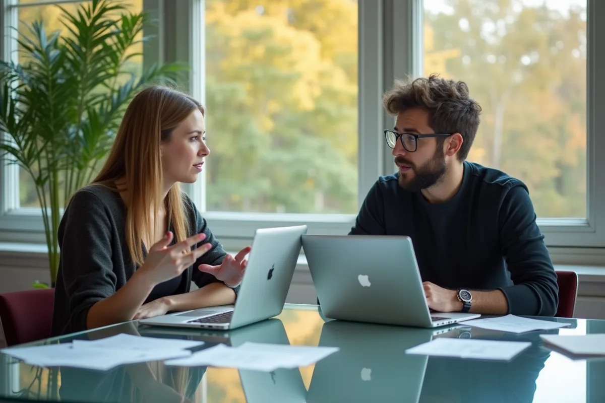 Deux étudiants français discutant de podcast en ligne