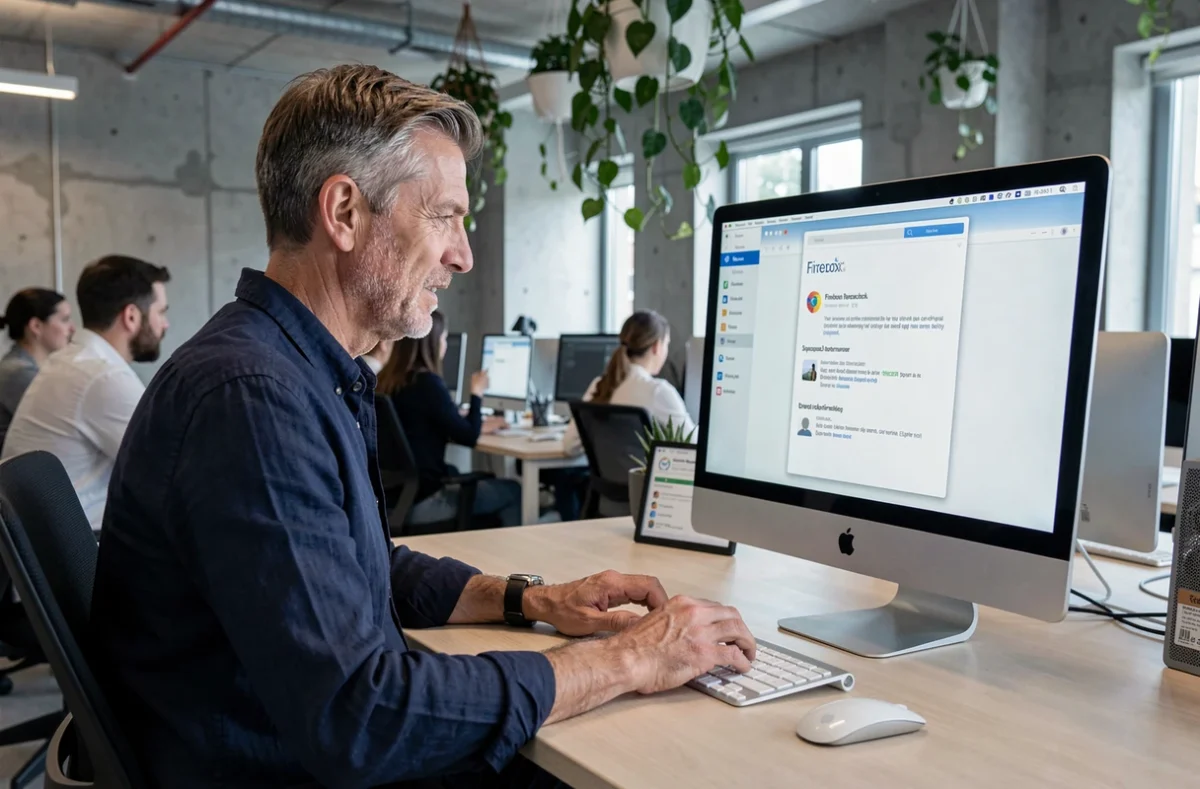 Homme exportant les marques-pages Firefox sur un iMac macOS dans un espace de travail moderne