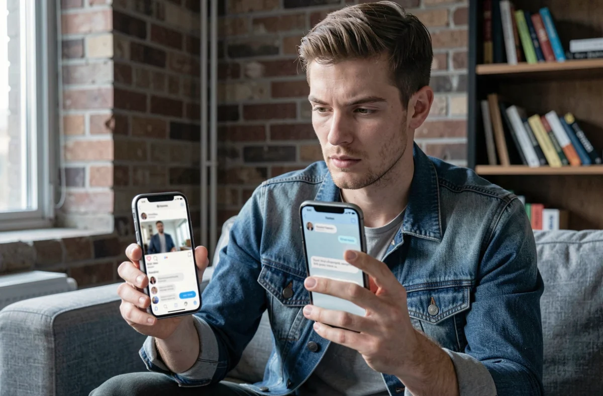 Jeune homme comparant deux smartphones côte à côte dans un appartement urbain, illustrant le choix entre un compte Snapchat anonyme et un faux profil
