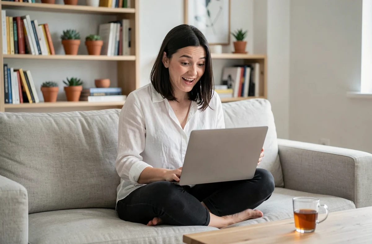 Jeune femme amusée par l'easter egg barrel roll de Google sur son ordinateur portable à la maison