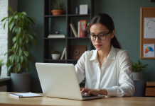 Outils payants SEO : bien choisir pour optimiser votre référencement naturel ! Jeune femme professionnelle analysant des tableaux SEO sur son ordinateur