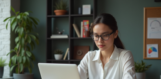 Outils payants SEO : bien choisir pour optimiser votre référencement naturel ! Jeune femme professionnelle analysant des tableaux SEO sur son ordinateur