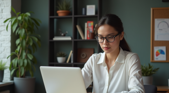 Outils payants SEO : bien choisir pour optimiser votre référencement naturel ! Jeune femme professionnelle analysant des tableaux SEO sur son ordinateur