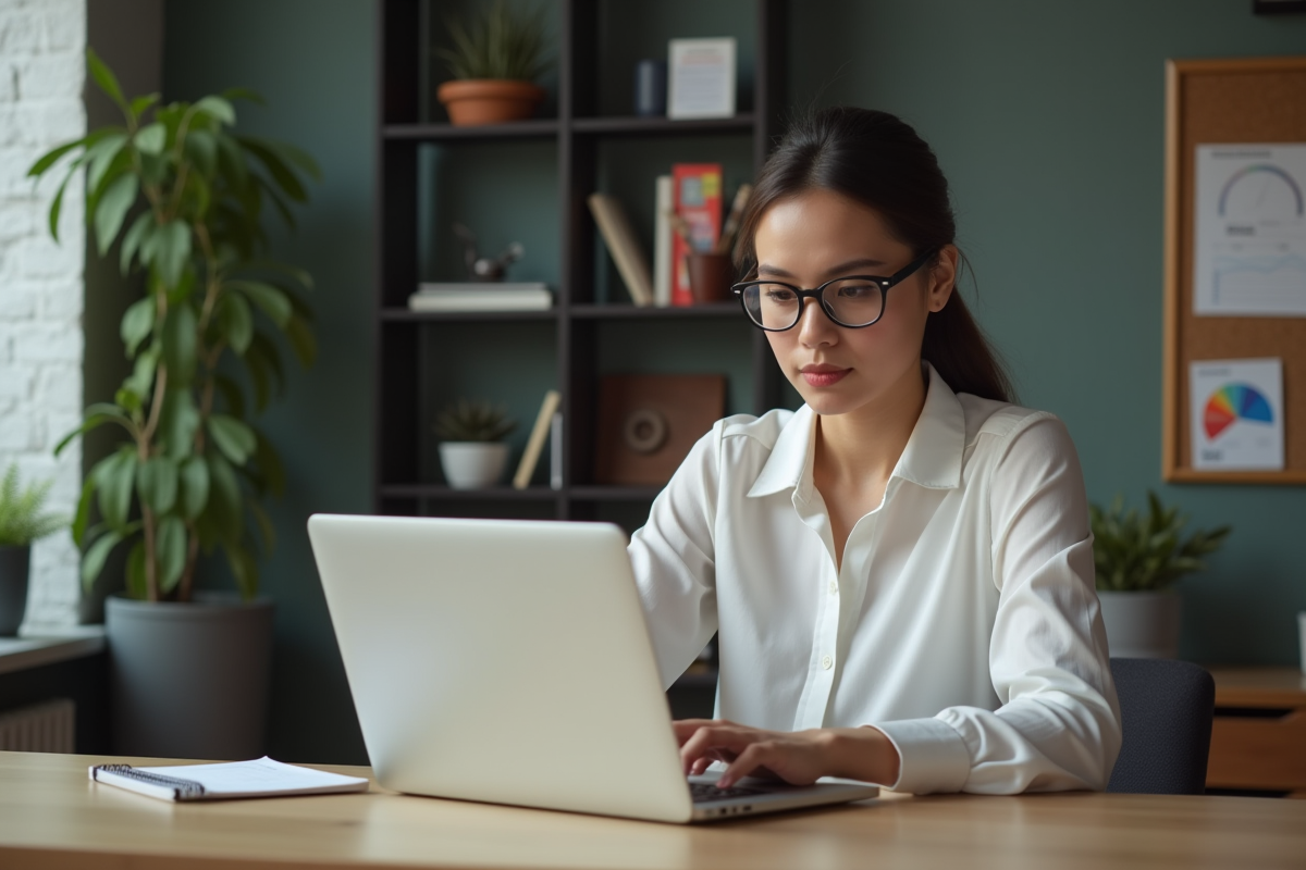 Jeune femme professionnelle analysant des tableaux SEO sur son ordinateur