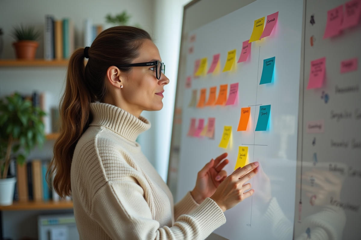 Femme analysant des notes colorées sur un tableau blanc