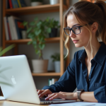 Jeune femme au bureau travaillant sur une base Access