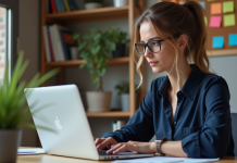Jeune femme au bureau travaillant sur une base Access