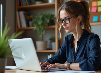 Jeune femme au bureau travaillant sur une base Access