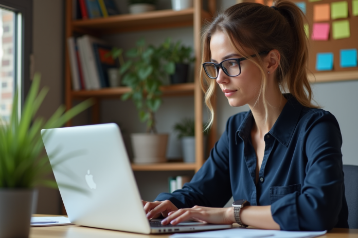 Jeune femme au bureau travaillant sur une base Access