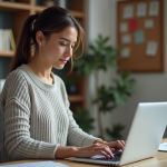 Blogging : comprendre le HCU pour optimiser votre contenu en ligne Femme concentrée travaillant sur son ordinateur dans un bureau à domicile