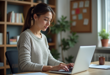 Blogging : comprendre le HCU pour optimiser votre contenu en ligne Femme concentrée travaillant sur son ordinateur dans un bureau à domicile