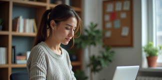 Blogging : comprendre le HCU pour optimiser votre contenu en ligne Femme concentrée travaillant sur son ordinateur dans un bureau à domicile