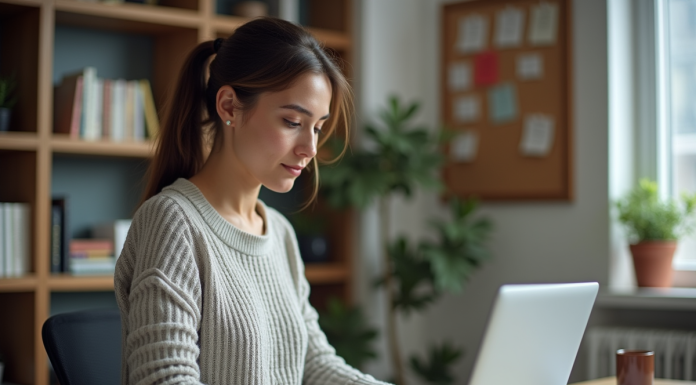 Blogging : comprendre le HCU pour optimiser votre contenu en ligne Femme concentrée travaillant sur son ordinateur dans un bureau à domicile