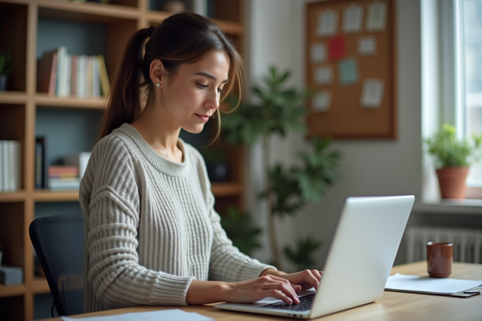 femme-bureau-blogging Femme concentrée travaillant sur son ordinateur dans un bureau à domicile