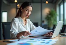 Femme d affaires compare graphiques email campagne