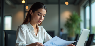 Femme d affaires compare graphiques email campagne