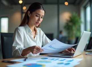 Femme d affaires compare graphiques email campagne