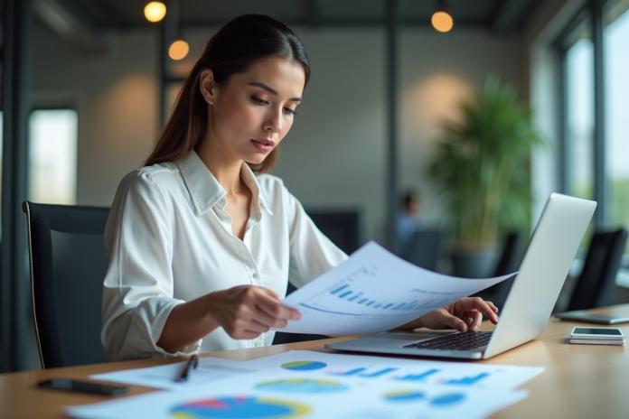 Femme d affaires compare graphiques email campagne