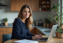 Femme travaillant sur son ordinateur dans une cuisine chaleureuse