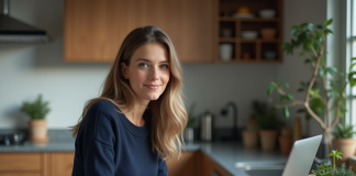 Femme travaillant sur son ordinateur dans une cuisine chaleureuse