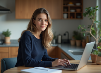 Femme travaillant sur son ordinateur dans une cuisine chaleureuse