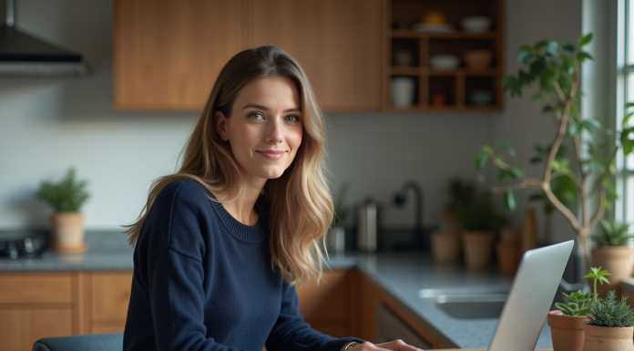 Sécurité des données personnelles en ligne : Comment sécuriser vos informations privées ? Femme travaillant sur son ordinateur dans une cuisine chaleureuse