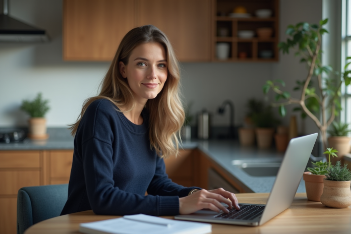 Femme travaillant sur son ordinateur dans une cuisine chaleureuse