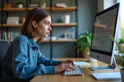 Jeune femme au bureau regardant son clavier avec perplexite