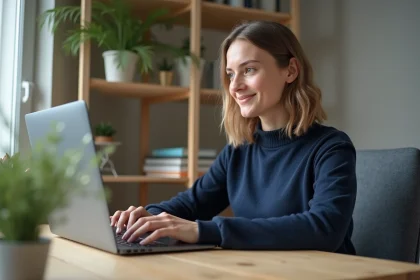 Jeune femme au bureau tapant sur clavier ordinateur