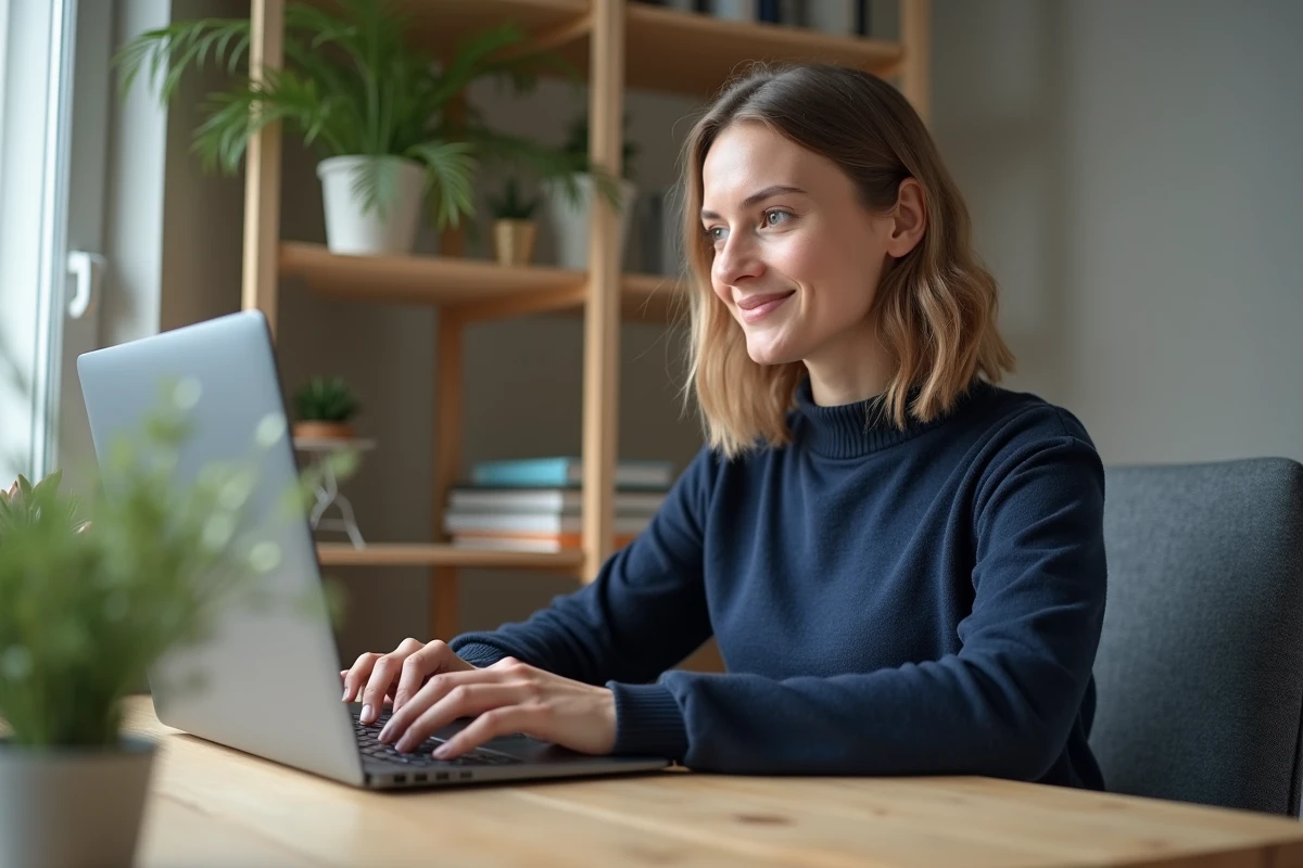 Jeune femme au bureau tapant sur clavier ordinateur