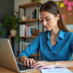 Mots-clés longue traîne : Comment les cibler efficacement ? Femme concentrée travaillant sur son ordinateur dans un bureau moderne