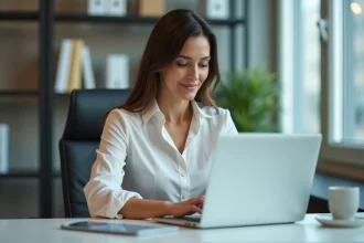 Femme d'âge moyen travaillant sur un ordinateur dans un bureau lumineux